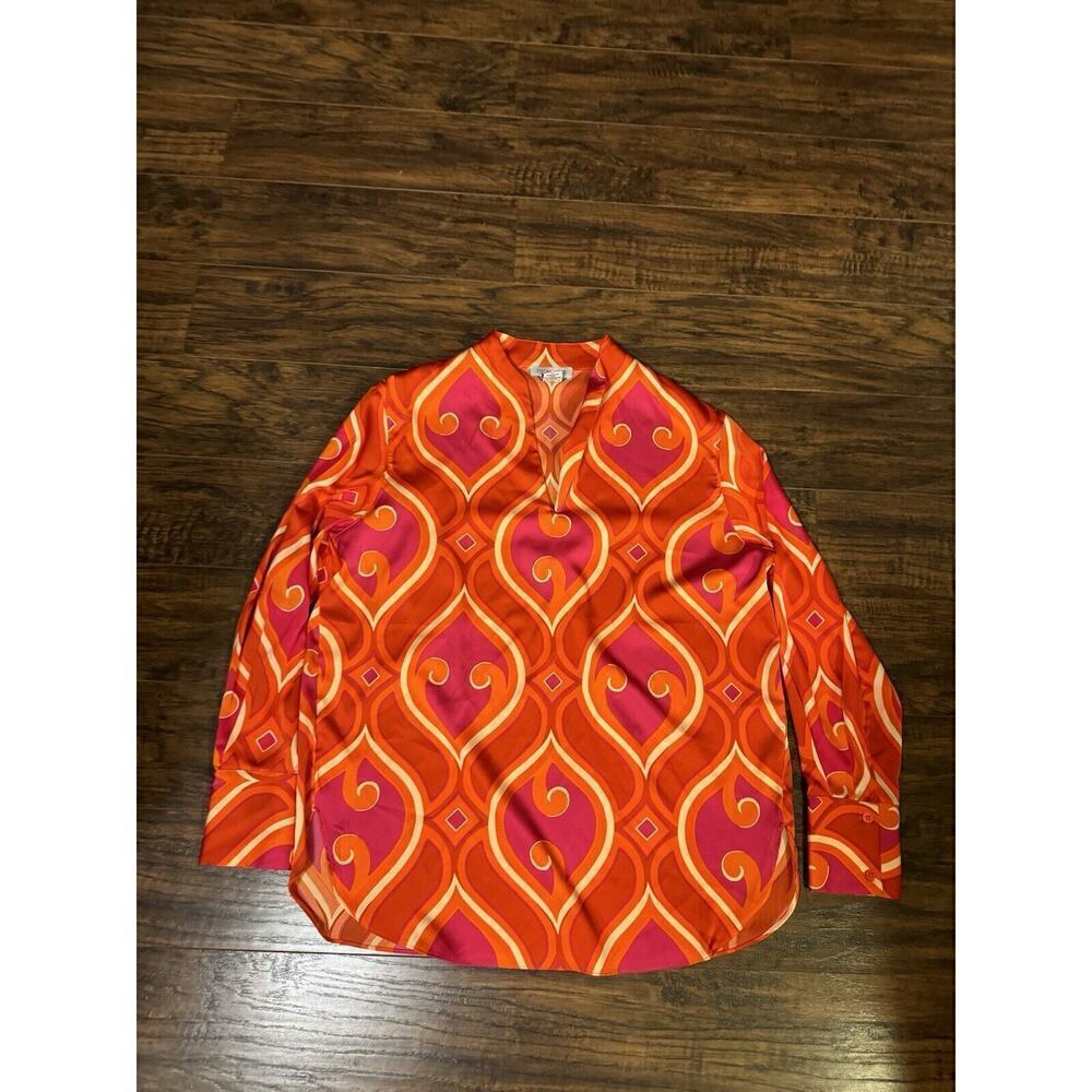 Rachel Zoe Printed Geometric Long Sleeve Blouse Orange Pink Sz:small